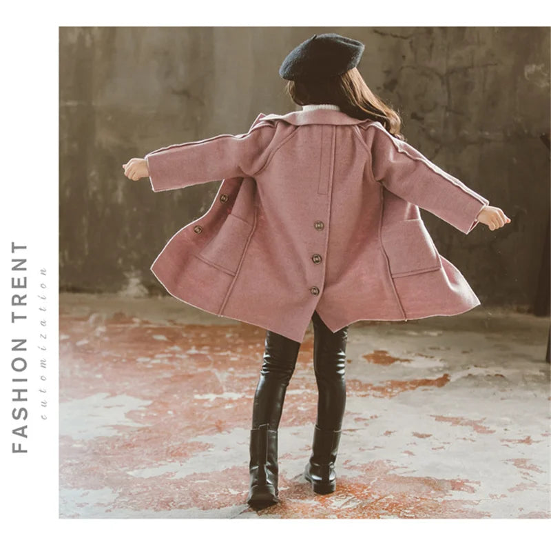 Winter Kids Tweed Coats Autumn Girls Warm England Style Mid-Length Jackets Teen Fashion Outerwear Child 5-12 Years Old