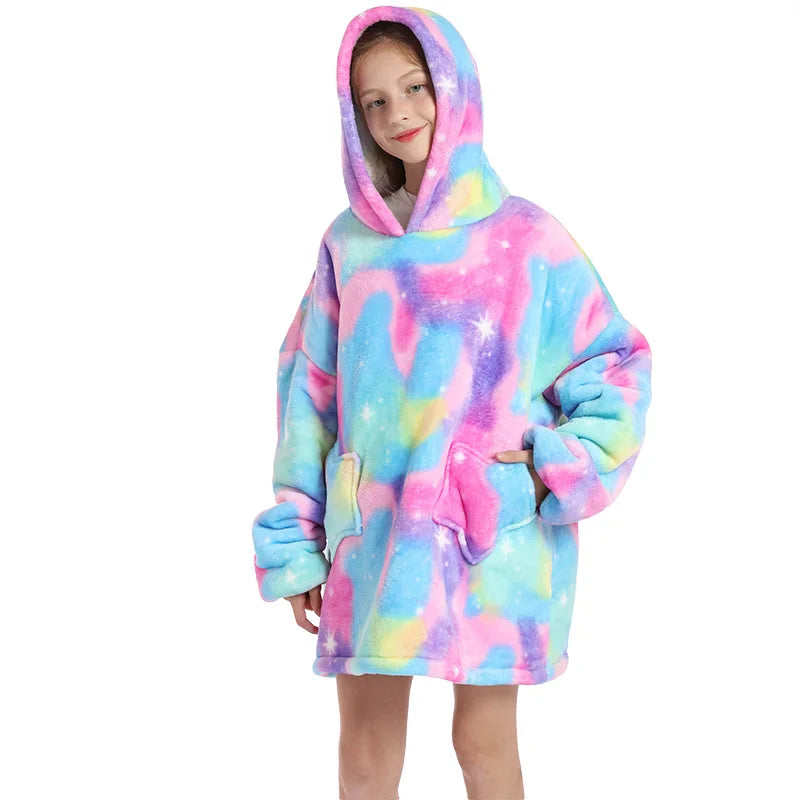 Kids Hoodie Oversized Blanket with Sleeves Panda Giraffe Kigurumi Boy Sweatshirt Teenage Girl Hoodie Children Warm Clothes