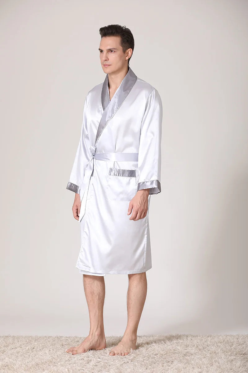 Men Kimono Satin Home Bathrobe Gown Satin Sleepwear Loose Loungewear Lapel Peignoir Homme Loose Nightwear Male Dressing Gown