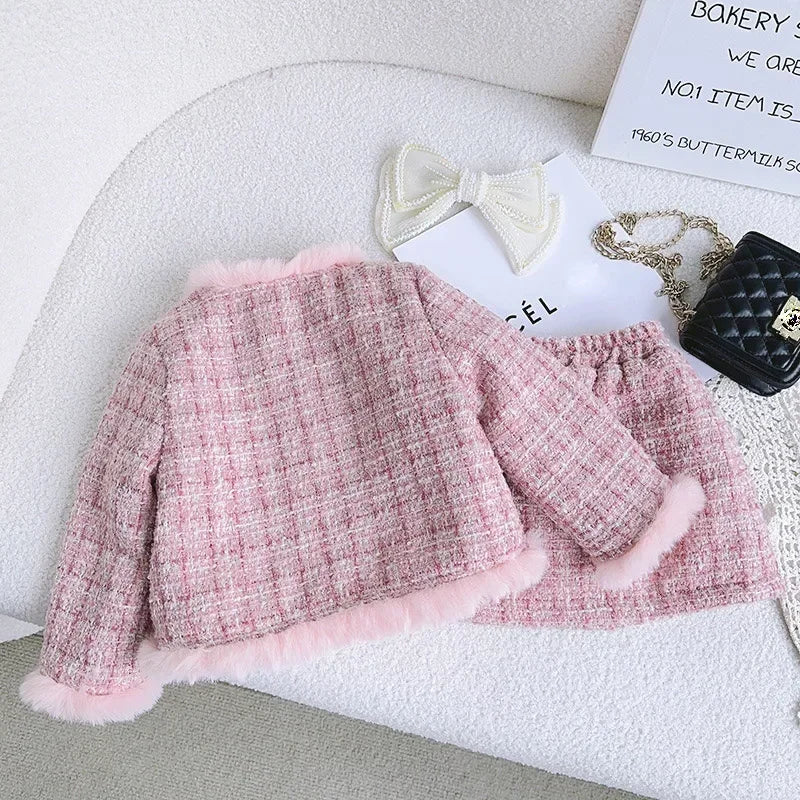 Kids 2Pcs Tweed Clothes Sets Girl Fashion Spring Winter Children Suits for 1-10Ys Elegant Sweet Outfit Kids Clothes