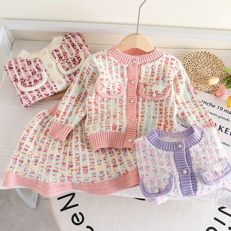 Kids 2Pcs Tweed Clothes Sets Girl Fashion Spring Winter Children Suits for 1-10Ys Elegant Sweet Outfit Kids Clothes