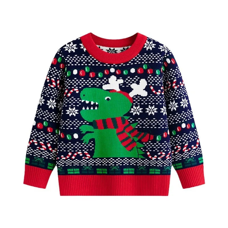 Kids Christmas Plush Pullover Sweater Warm Winter Autumn Cartoon Print Green O-Neck Unisex Clothing for Boys And Girls 2-7 Years