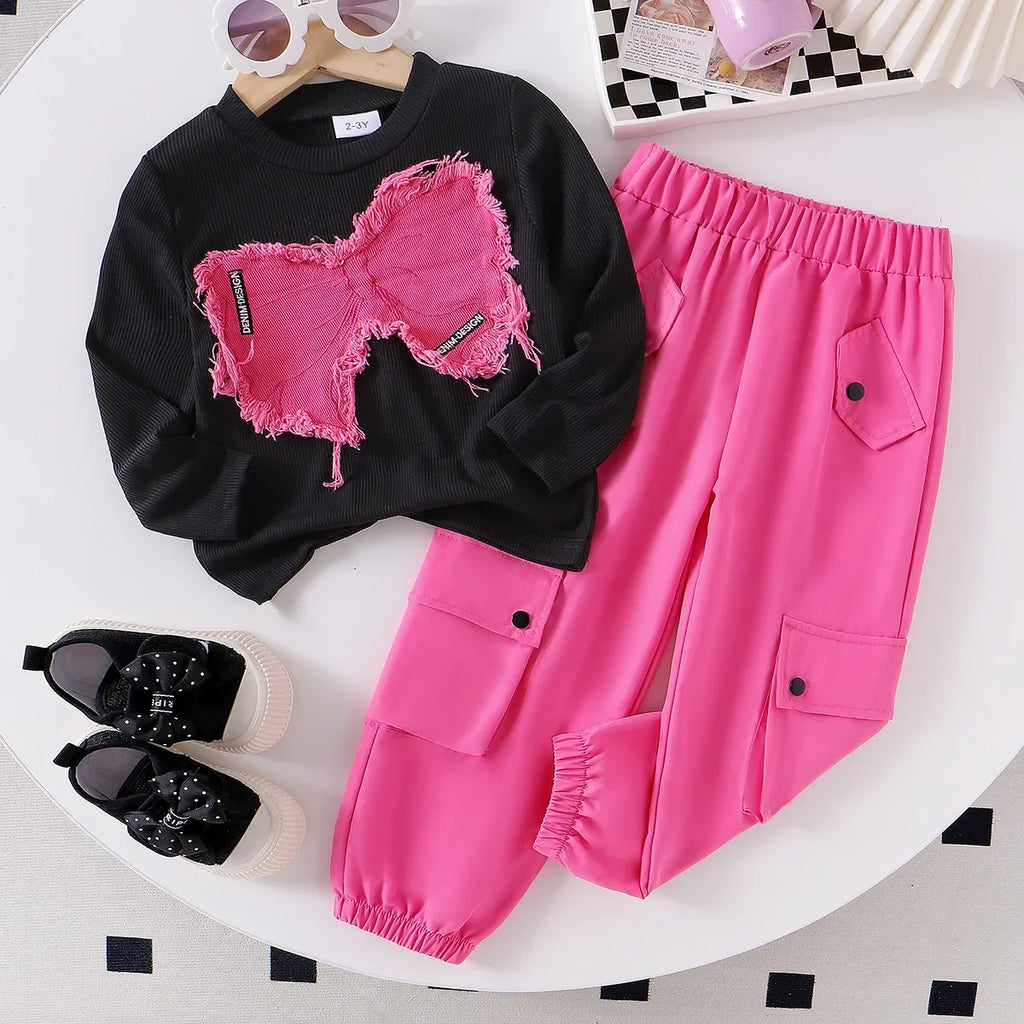 Kids Girls Two-piece Set Butterfly Appliqué Top with Cargo Pants Children Autumn and Winter Trousers New 2pcs/set Fashionable