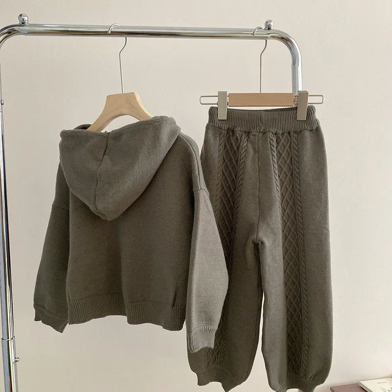 Children Clothing 2022 Autumn Winter Girls Casual Sweater Set Hooded Knitted Coat and Pants Two Piece Set Korean Kids Clothes