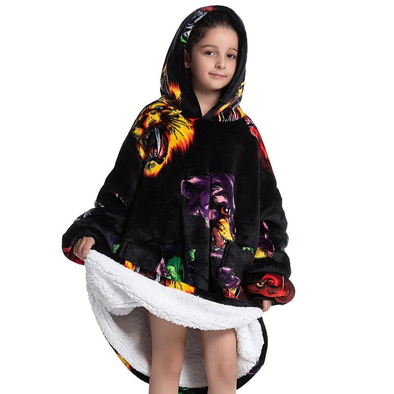 Oversized Wearale Blanket Hoodie Flannel Sherpa Fleece Warm Soft Winter Hoodie Sweatshirt for Kids Adults Home Blanket Snuggle