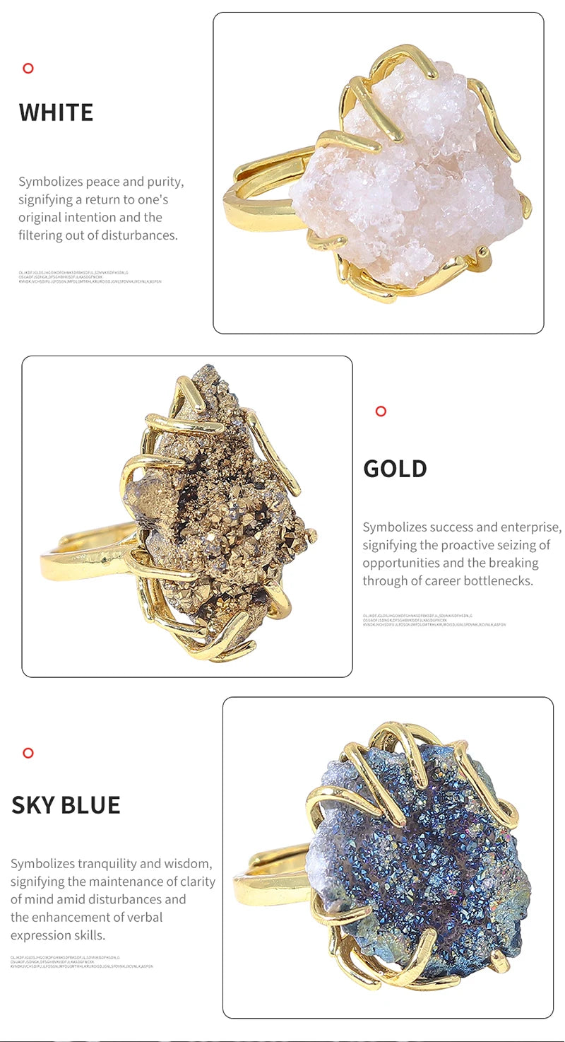 2025 Adjustable Natural Crystal Raw Cluster Ring Colorful Healing Crystal Jewelry Unisex Crystal Wristband Mindfulness Accessory