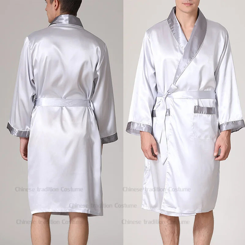 Men Kimono Satin Home Bathrobe Gown Satin Sleepwear Loose Loungewear Lapel Peignoir Homme Loose Nightwear Male Dressing Gown