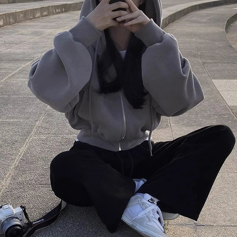 Korean Hood Shirt Women Fashion Fleece Lined Loose Hoodies Zipper Long Sleeve Crop Tops Harajuku Female Jackets Coats Sweatshirt