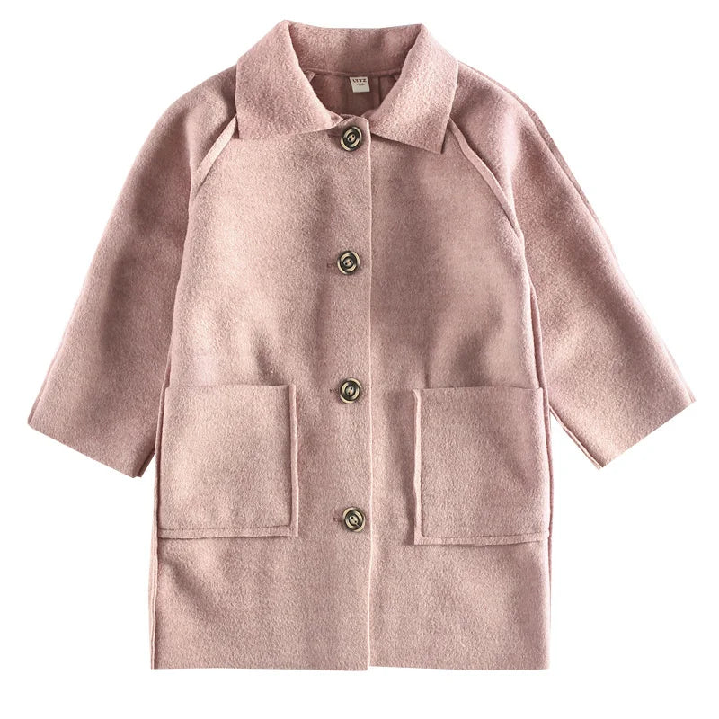 Winter Kids Tweed Coats Autumn Girls Warm England Style Mid-Length Jackets Teen Fashion Outerwear Child 5-12 Years Old