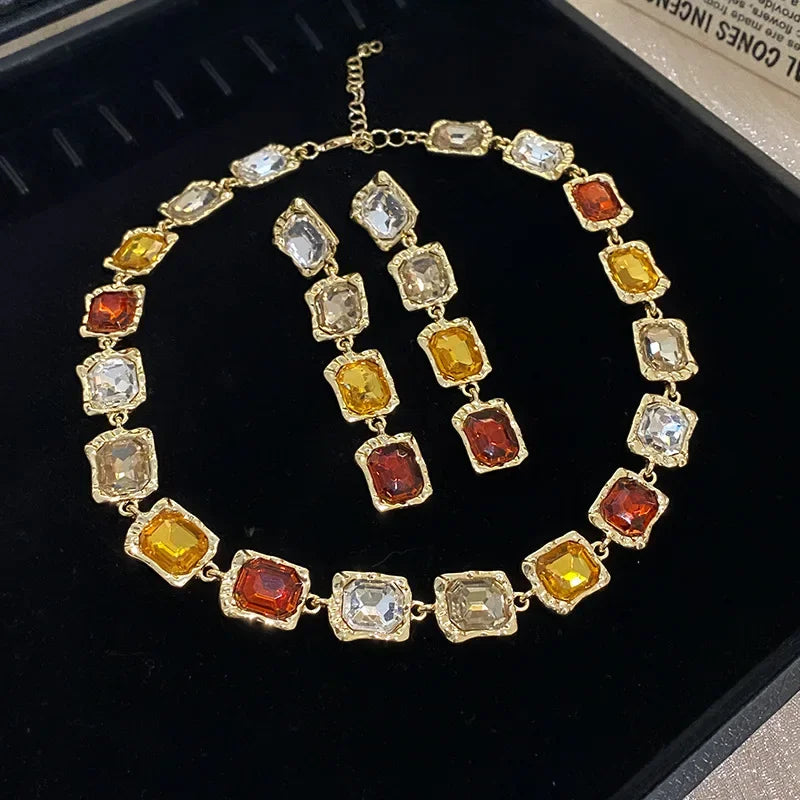 Crystal Inlaid Square Set Necklace and Earrings Fashionable Temperament Splicing Clavicle Chain Jewelry Decoration for Women