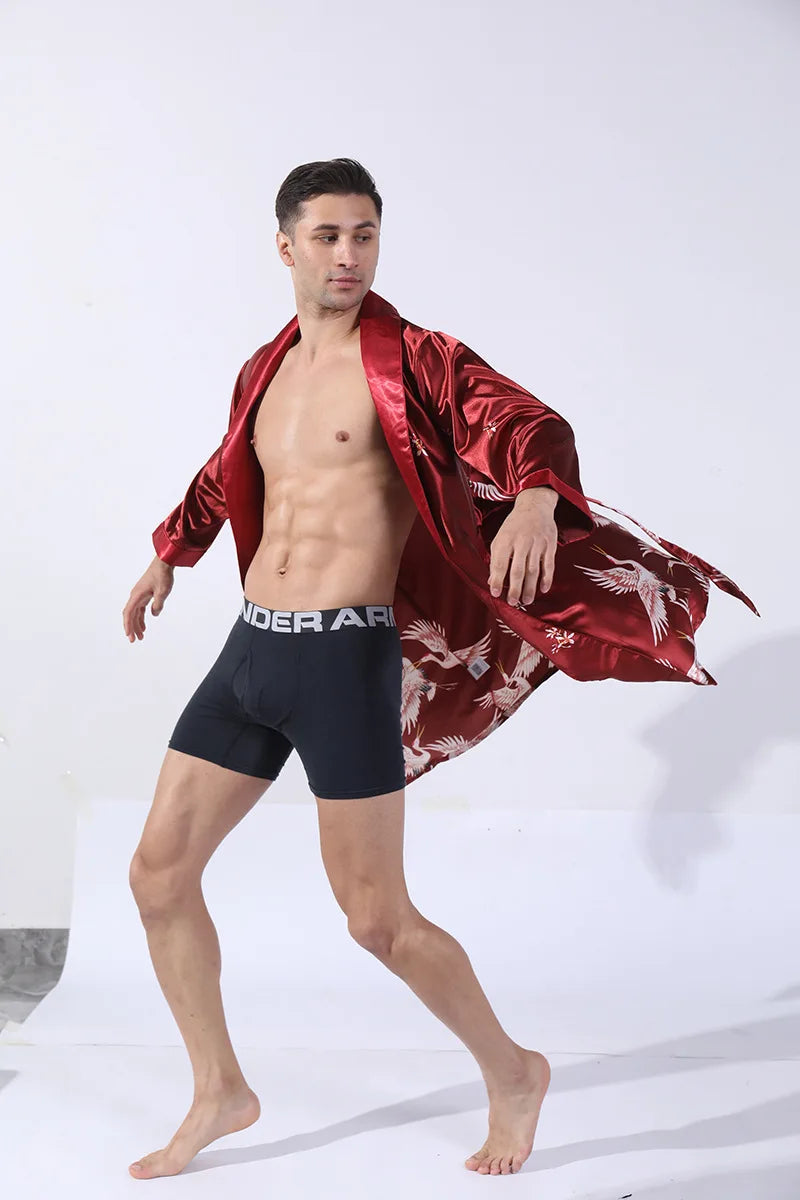 Men Kimono Satin Home Bathrobe Gown Satin Sleepwear Loose Loungewear Lapel Peignoir Homme Loose Nightwear Male Dressing Gown