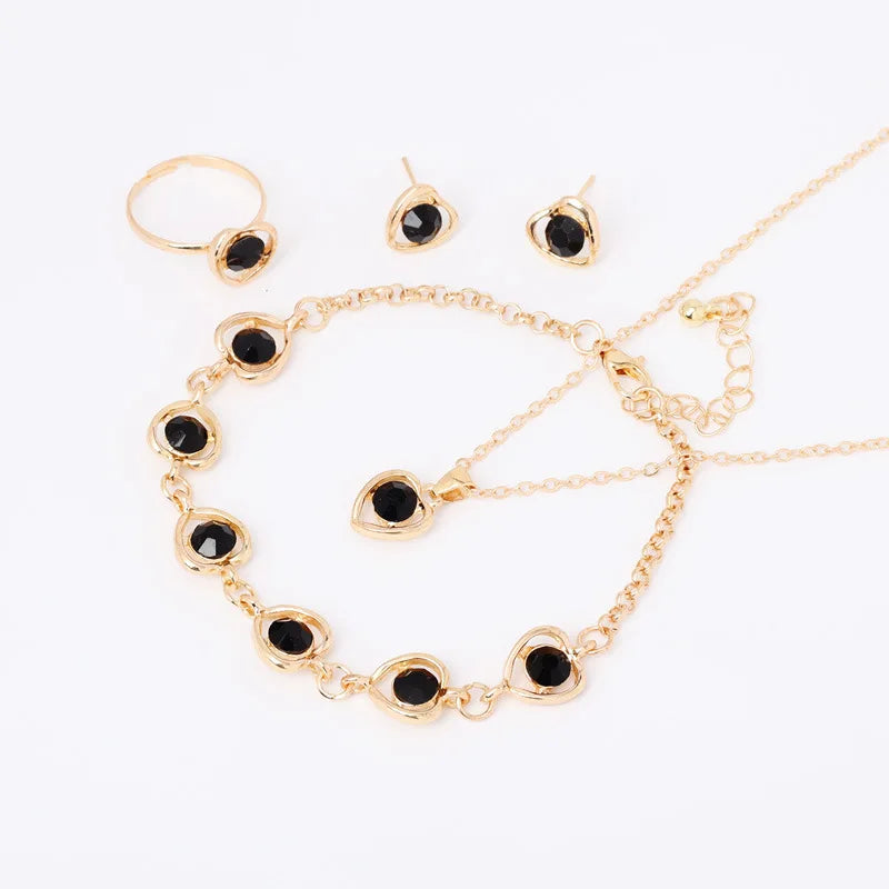 Women Crystal Love Jewelry 4 Piece Set Fashionable Elegant High End Peach Heart Necklace Earrings Rings Bracelets Necklace Set