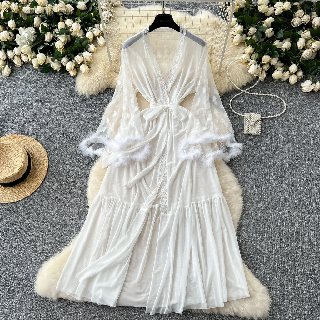 SINGREINY Women Elegant Sheer Sexy Cardigan Robes Wools Spliced Long Sleeve Shawls Fashion French Gauze Transparent Long Robes