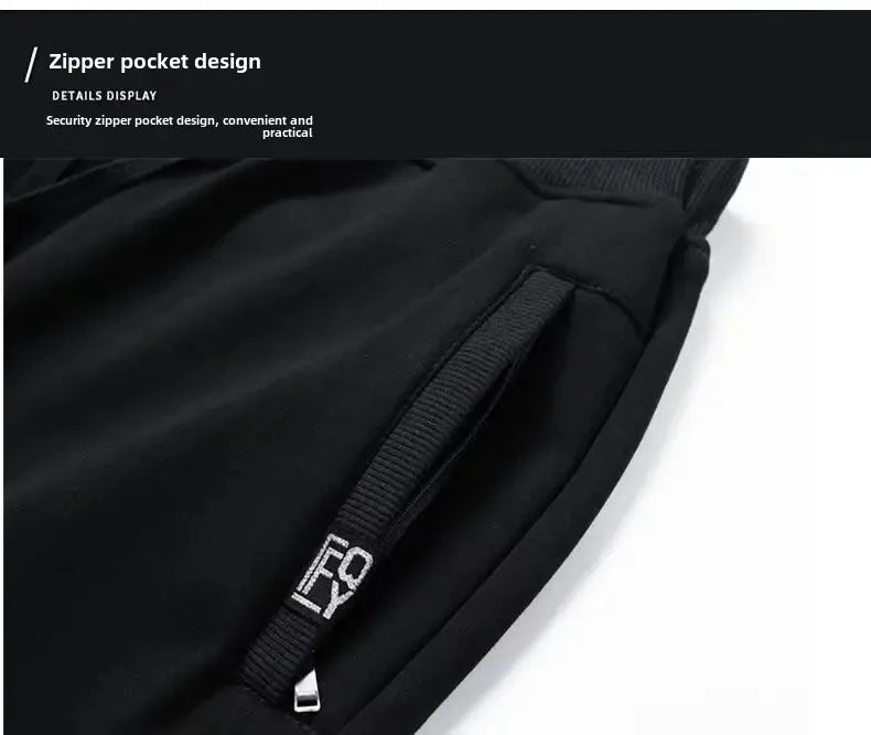Men's Autumn/Winter Fleece-Lined and Thickened Sweatpants Versatile Casual Straight-Leg Pants Loose-Fitzip-Upocket Solid Color W