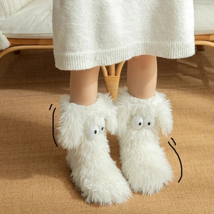 Women's Men Winter Kawaii Big Eyes Slipper Socks with Puppy Ears Cartoon Non-slip Floor Socks Warm Thickened Coral Stockings  ﻿