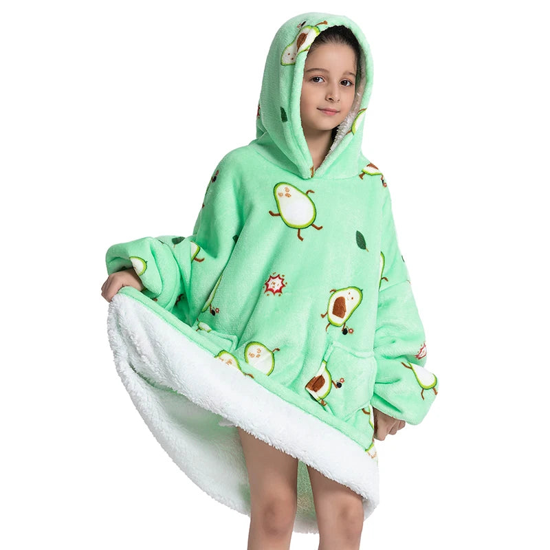 Oversized Wearale Blanket Hoodie Flannel Sherpa Fleece Warm Soft Winter Hoodie Sweatshirt for Kids Adults Home Blanket Snuggle