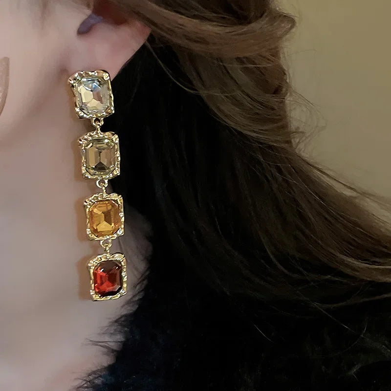 Crystal Inlaid Square Set Necklace and Earrings Fashionable Temperament Splicing Clavicle Chain Jewelry Decoration for Women