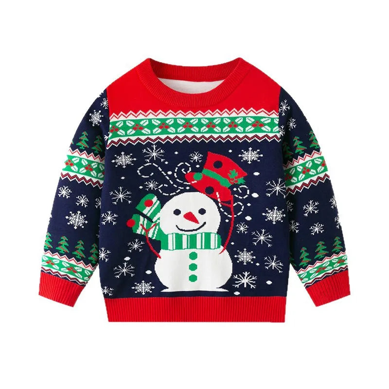 Kids Christmas Plush Pullover Sweater Warm Winter Autumn Cartoon Print Green O-Neck Unisex Clothing for Boys And Girls 2-7 Years