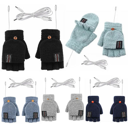 USB Electric Heated Gloves Touchscreen Double-Sided Heating Gloves Fingerless Hands Warmer Winter Skiing Cycling Thermal Gloves