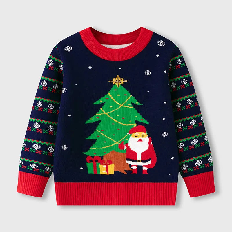 Kids Christmas Plush Pullover Sweater Warm Winter Autumn Cartoon Print Green O-Neck Unisex Clothing for Boys And Girls 2-7 Years
