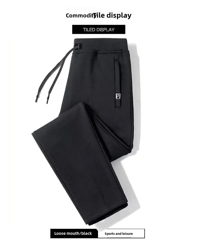 Men's Autumn/Winter Fleece-Lined and Thickened Sweatpants Versatile Casual Straight-Leg Pants Loose-Fitzip-Upocket Solid Color W