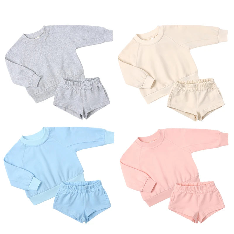 2025 New Winter Kids Boys Girls Clothes 2 Pieces Tracksuit Outfits Set Solid Top Sweatshirt+Elastic Joggers Shorts Causal Suit