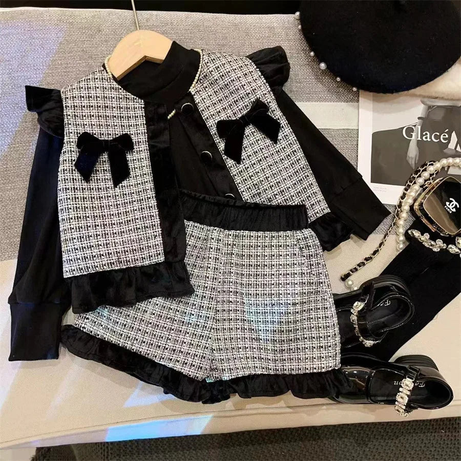 New Girls Autumn Winter Plaid Three Piece Set Solid Long Sleeves Top Boutique Vest Sister Matching Fashion Shorts for Girl