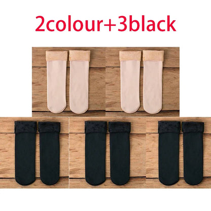 5 Pairs Of Women's Winter Thickened Warm Socks Set With Thickened Velvet Solid Wool Socks To Keep Out Cold And Snow Socks