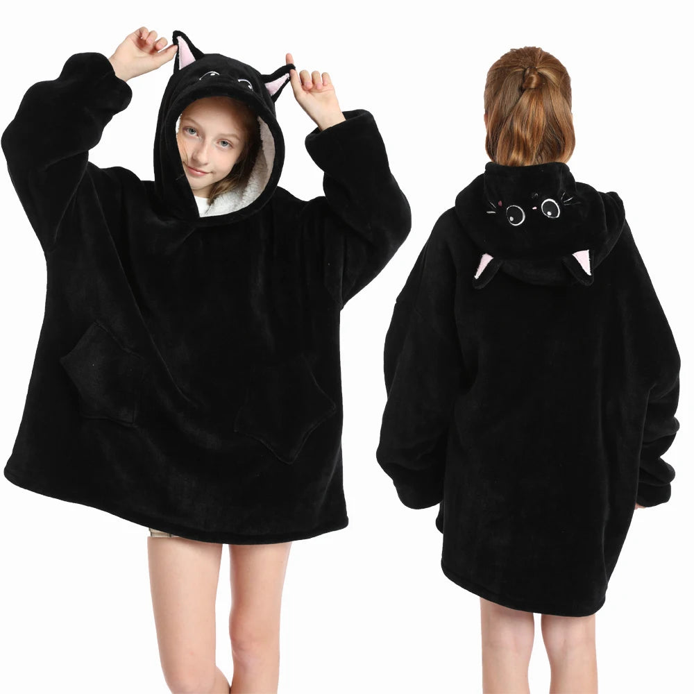 New Winter Oversized Hoodies for Girls Children Warm Soft Animal Cartoon Sweatshirts Girls Outwear Penguin Avocado Panda Hoodie