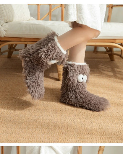 Women's Men Winter Kawaii Big Eyes Slipper Socks with Puppy Ears Cartoon Non-slip Floor Socks Warm Thickened Coral Stockings  ﻿