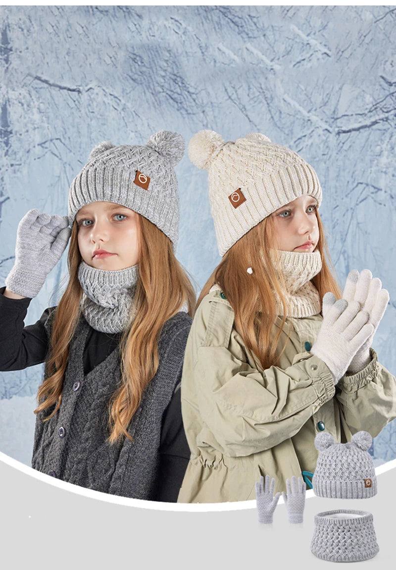 3Pcs Winter Kids Hat Set for Girls Boys Warm Knitted Children Beanie Scarf Gloves Fleece Lining Pompom Children Cap 4-10Y