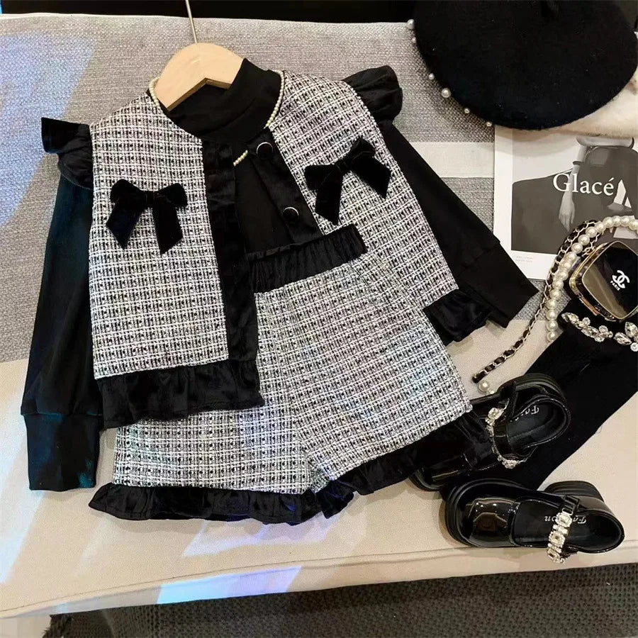 New Girls Autumn Winter Plaid Three Piece Set Solid Long Sleeves Top Boutique Vest Sister Matching Fashion Shorts for Girl