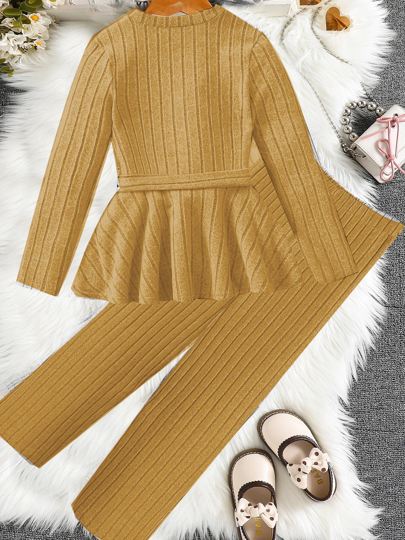 Two Piece Set  Girls' Set Winter Long Sleeved Casual Ruffle Edge Skirt For Girls' Clothing Wide Leg Pants For Big Boys Versatile