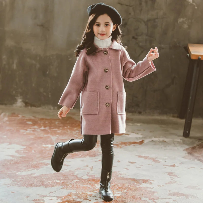 Winter Kids Tweed Coats Autumn Girls Warm England Style Mid-Length Jackets Teen Fashion Outerwear Child 5-12 Years Old