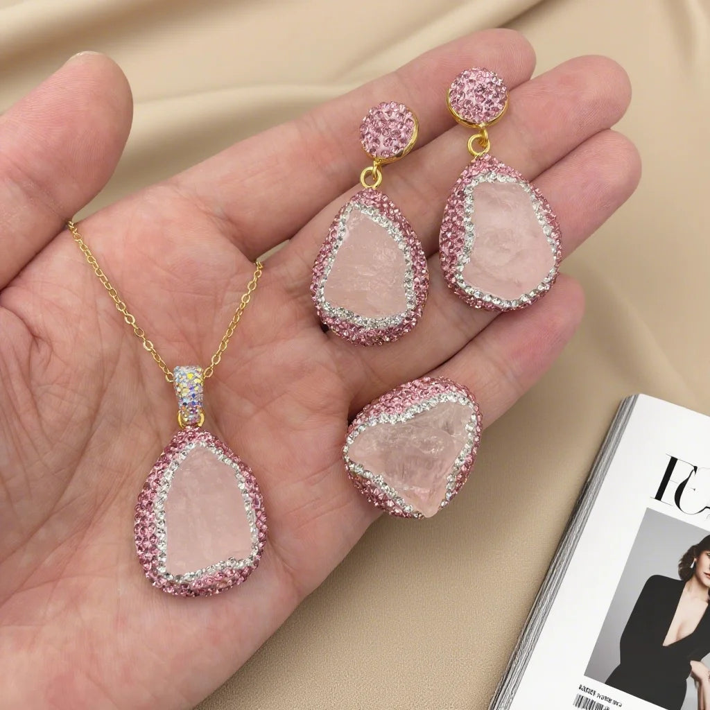 Healing Crystal Jewelry Set Rough Natural Pink Crystal Necklace Earring Ring for Women Handmade Raw Quartz Stone Wedding Gift