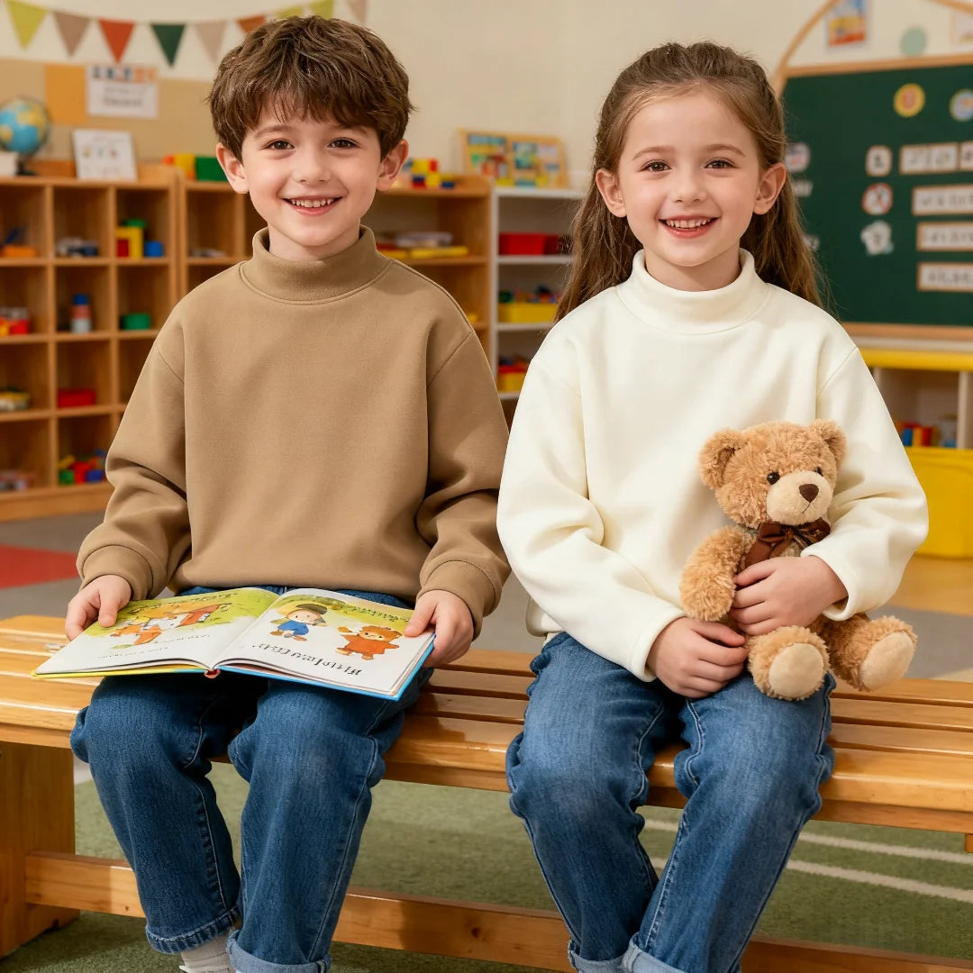 Kids High-necked Pullover Hoodies Autumn Winter Warm-keeping T-shirt Soft Comfortable Base T-shirt Boys Girls Windproof Hoodies