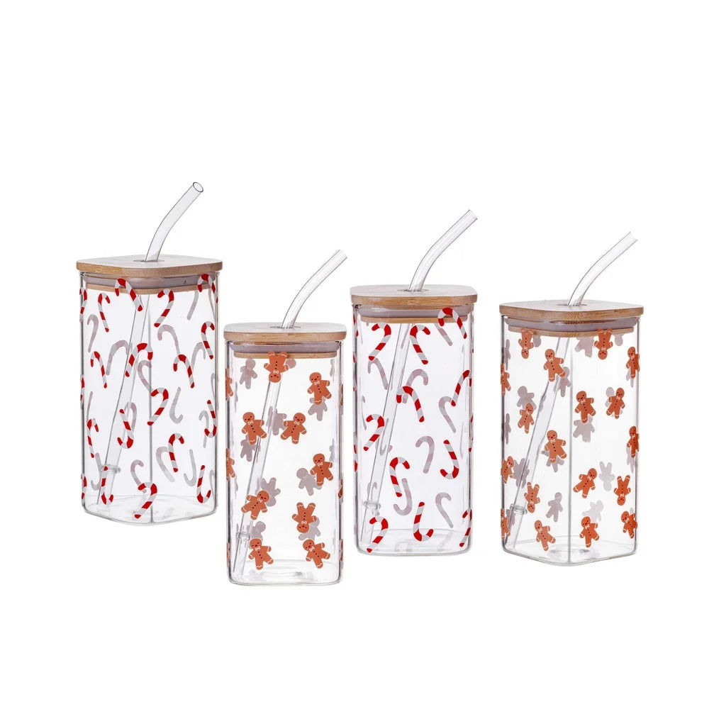 Gingerbread Man Candy Cane Clear Glass Sipper Set 4pack Durable Borosilicate Square Mug with Bamboo Lid and Straw Holiday