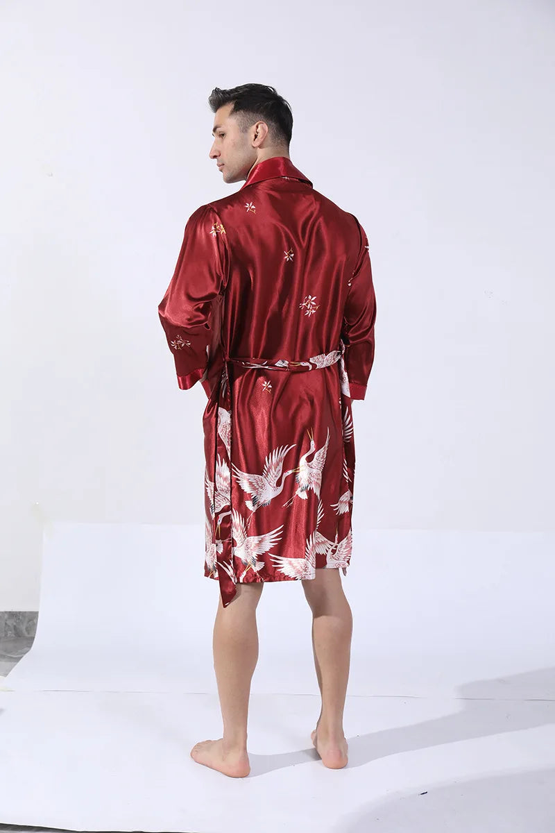 Men Kimono Satin Home Bathrobe Gown Satin Sleepwear Loose Loungewear Lapel Peignoir Homme Loose Nightwear Male Dressing Gown