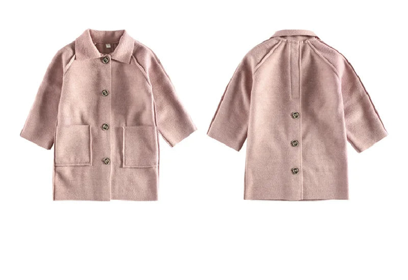 Winter Kids Tweed Coats Autumn Girls Warm England Style Mid-Length Jackets Teen Fashion Outerwear Child 5-12 Years Old