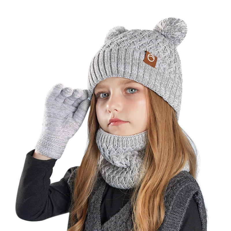 3Pcs Winter Kids Hat Set for Girls Boys Warm Knitted Children Beanie Scarf Gloves Fleece Lining Pompom Children Cap 4-10Y