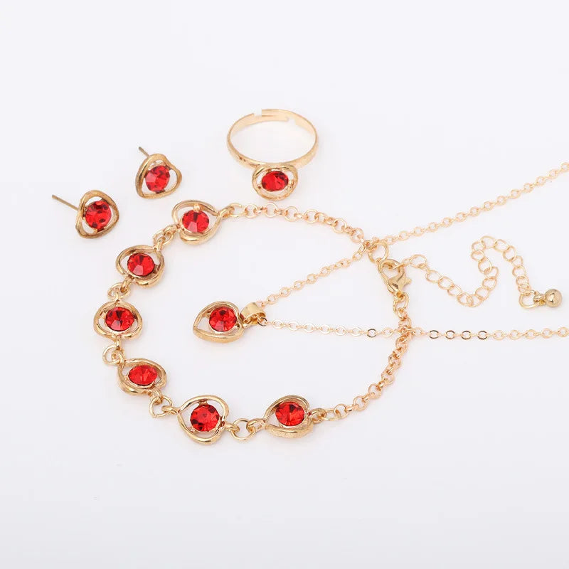 Women Crystal Love Jewelry 4 Piece Set Fashionable Elegant High End Peach Heart Necklace Earrings Rings Bracelets Necklace Set