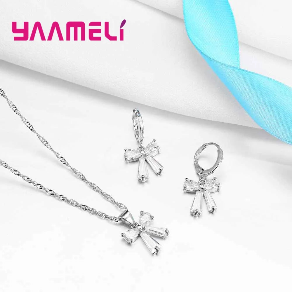 Crystal Bowknot Jewelry Sets Include 925 Sterling Silver Necklace Earrings SetsFor Women Gorgeous Accessories