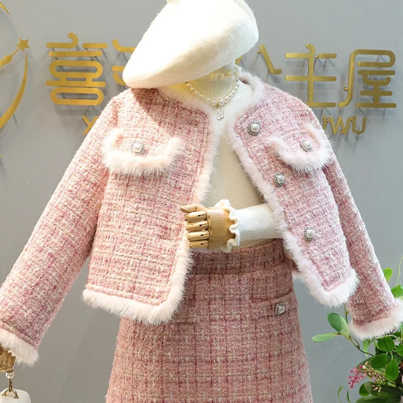 Kids 2Pcs Tweed Clothes Sets Girl Fashion Spring Winter Children Suits for 1-10Ys Elegant Sweet Outfit Kids Clothes
