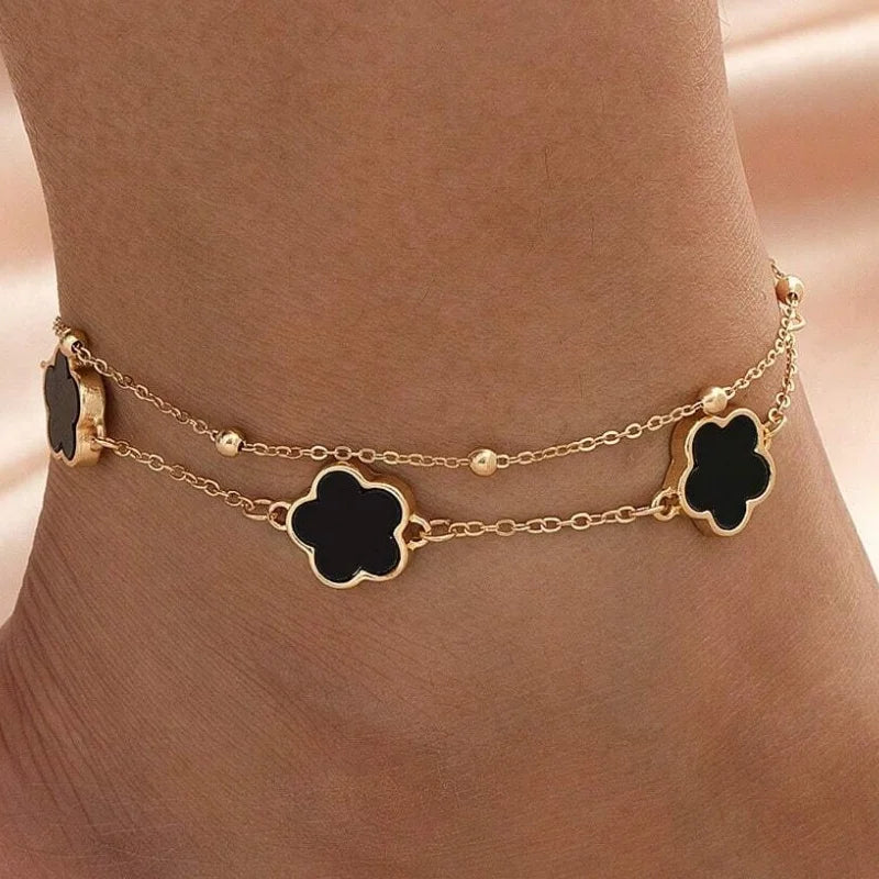 Elegant Double Layer Five-Leaf Clover Anklet for Women Exquisite Lucky Floral Summer Beach Hoilday Jewelry Gifts