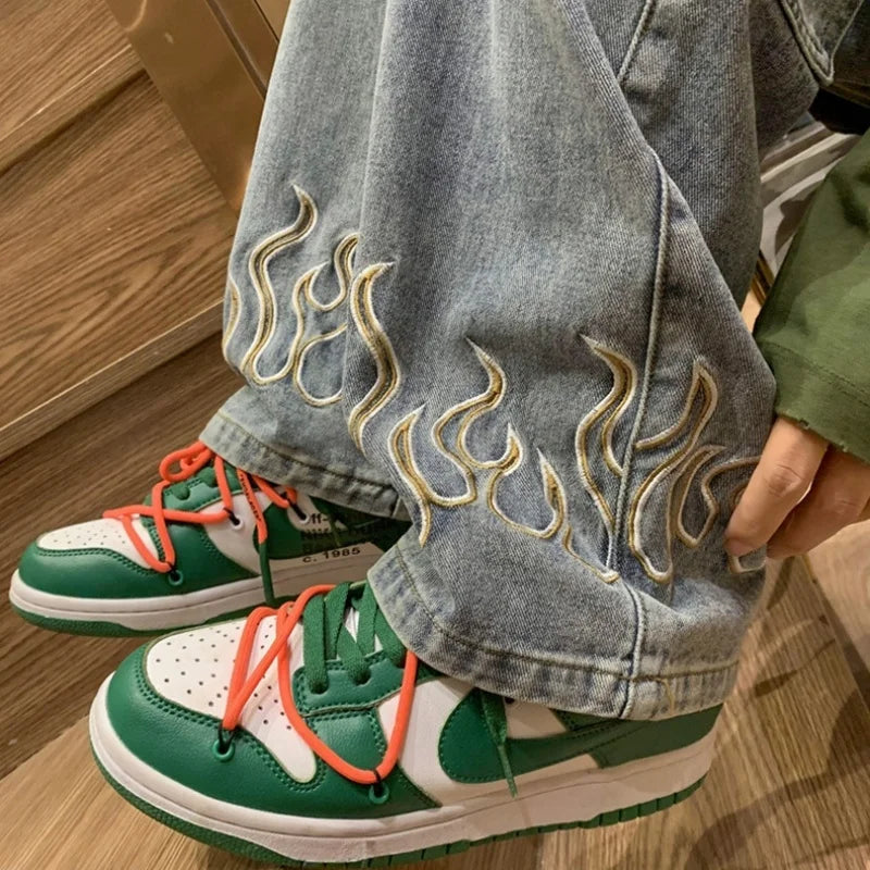 Men's Y2K Flame Pattern Wide Leg Jeans Casual Hip Hop Aesthetic Denim Pants Baggy Straight Leg Relaxed Fit Trousers