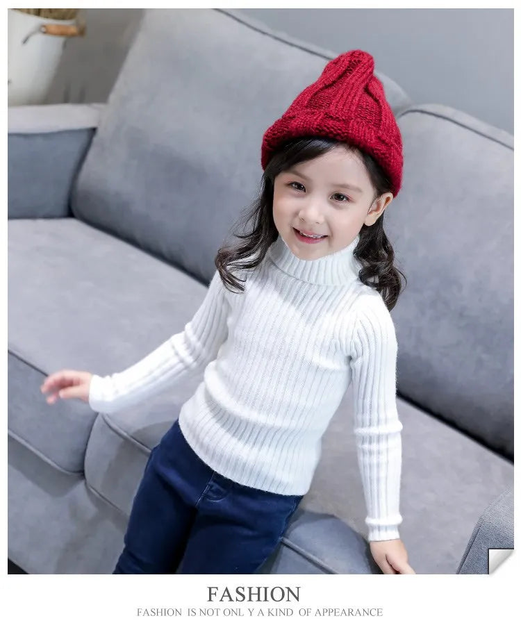 Fashion Baby Girls Winter Turtleneck Knitted Sweater Kids Unisex Pullover Knitwear Versatile Children's Clothing White Warm Sweatshirt