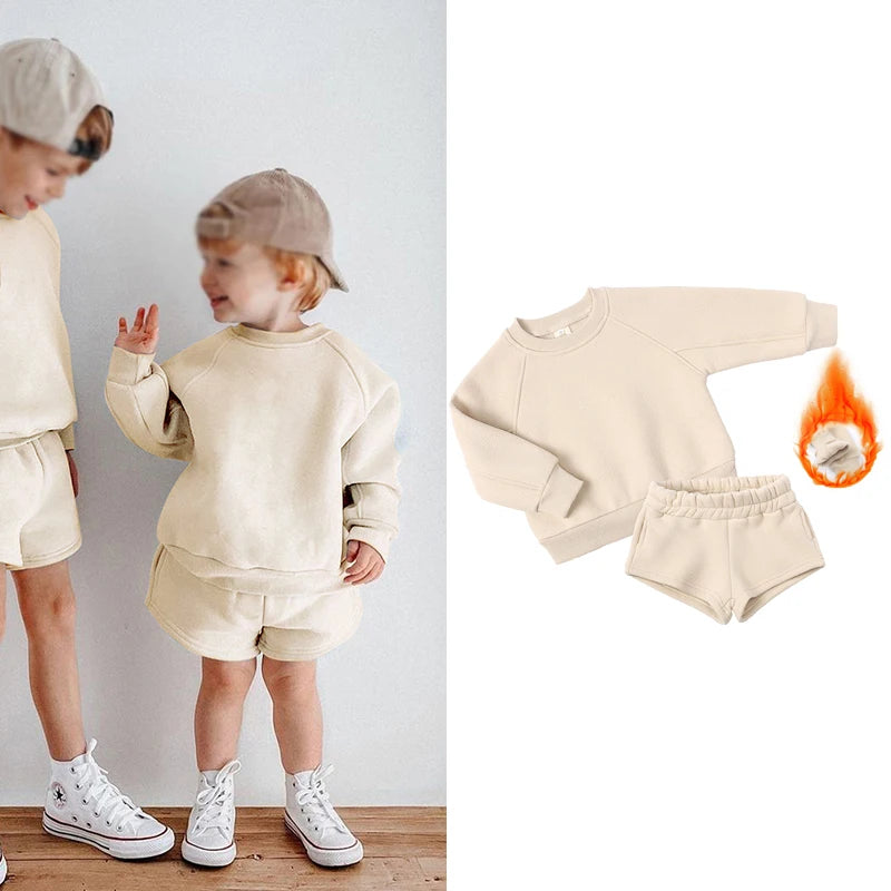 2025 New Winter Kids Boys Girls Clothes 2 Pieces Tracksuit Outfits Set Solid Top Sweatshirt+Elastic Joggers Shorts Causal Suit