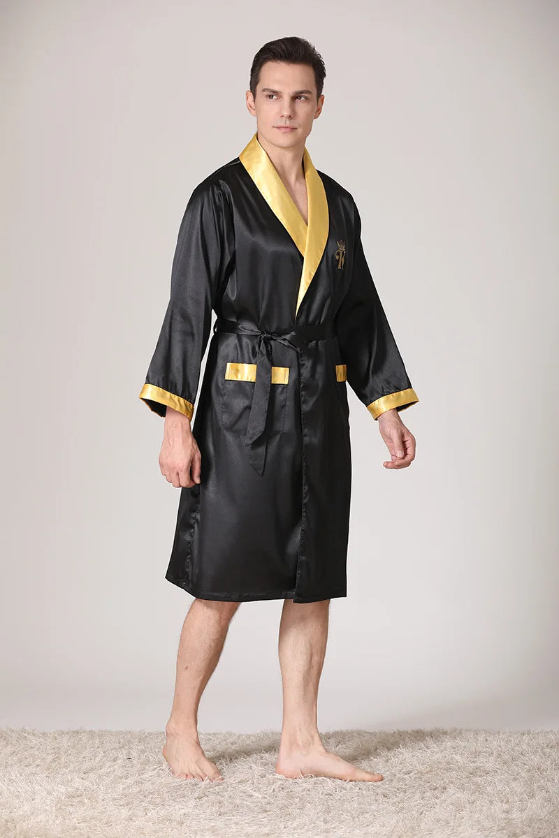 Men Kimono Satin Home Bathrobe Gown Satin Sleepwear Loose Loungewear Lapel Peignoir Homme Loose Nightwear Male Dressing Gown