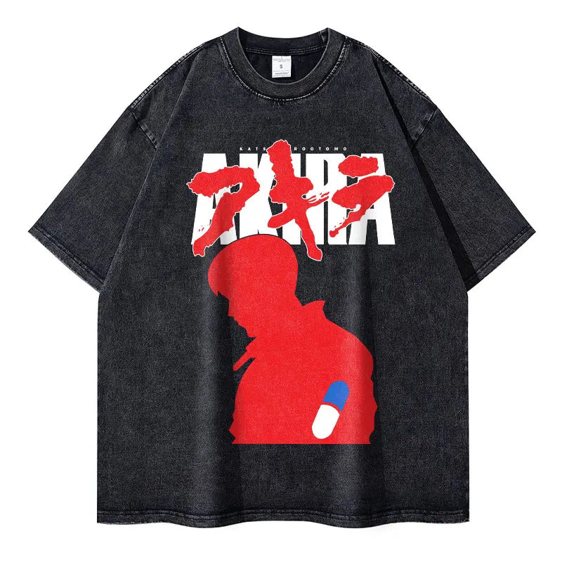 Anime Akira T-shirts Oversized Streetwear Vintage Washed Kaneda Shoutarou T Shirt Short Sleeve Retro Manga Tops Tees Men Cotton