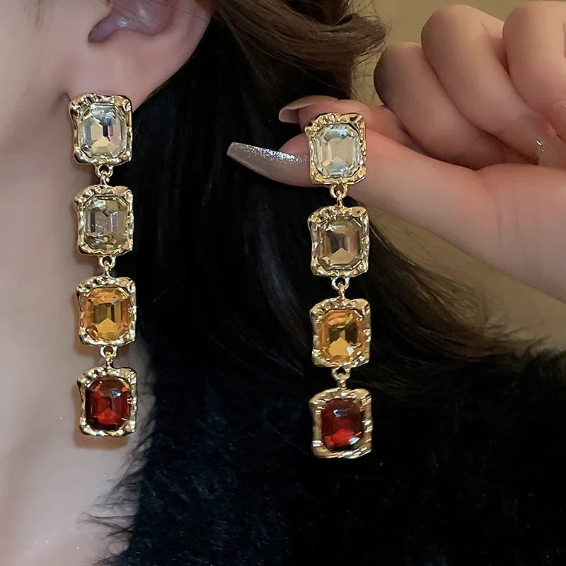 Crystal Inlaid Square Set Necklace and Earrings Fashionable Temperament Splicing Clavicle Chain Jewelry Decoration for Women